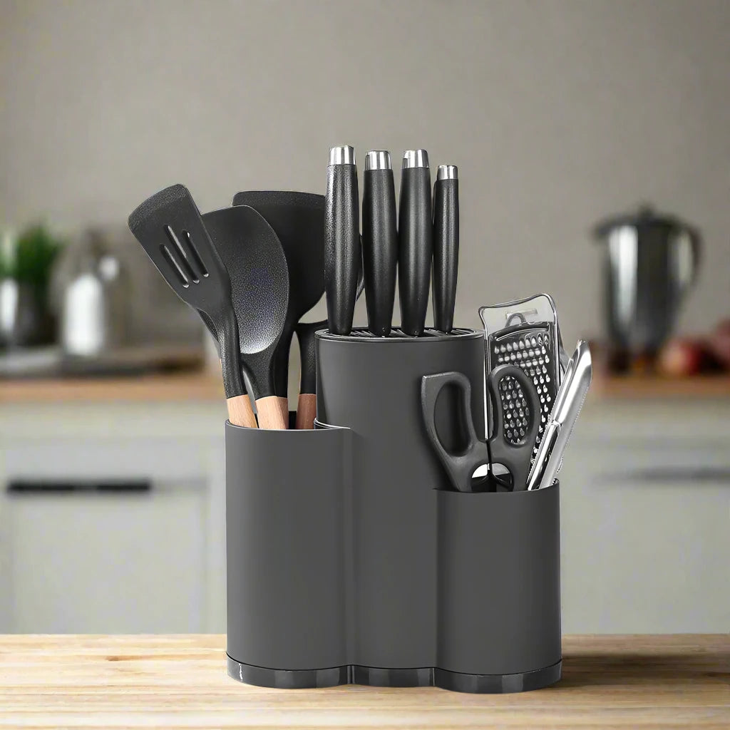 BladeBay 3-Compartment Multifunctional Knife and Utensil Stand for Streamlined Kitchen Organization