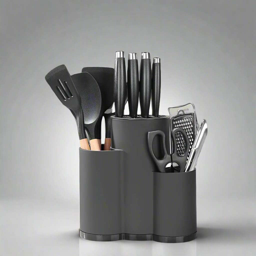 BladeBay 3-Compartment Multifunctional Knife and Utensil Stand for Streamlined Kitchen Organization