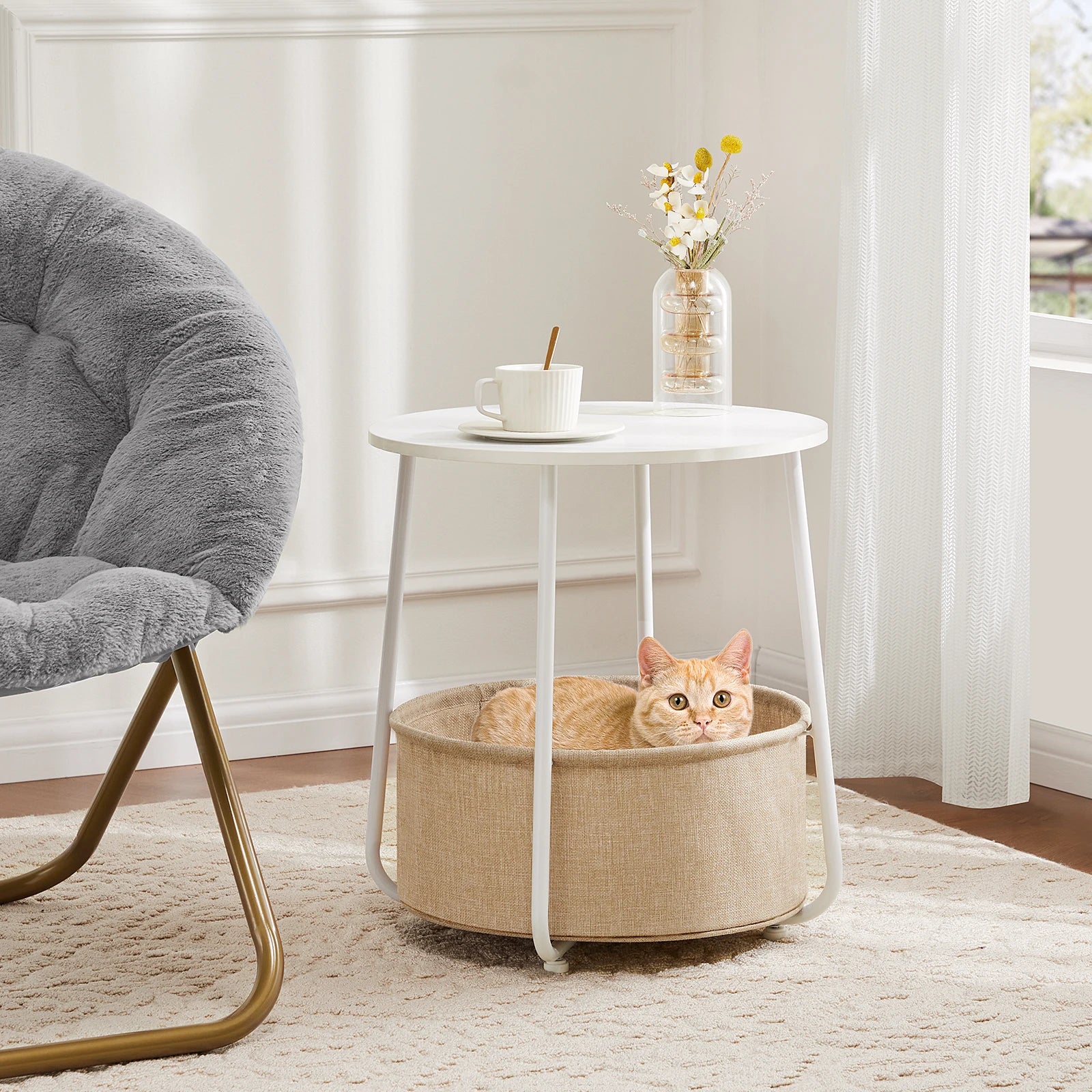 WhiskerRest Minimalist Side Table with Pet-Friendly Basket