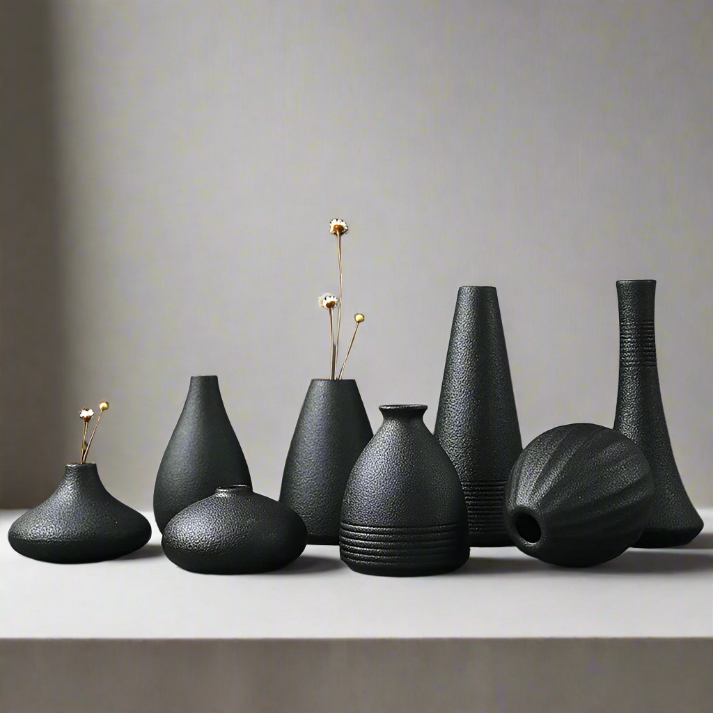 InkwellEssence Sleek Japanese-Inspired Black Vases with Organic Textures