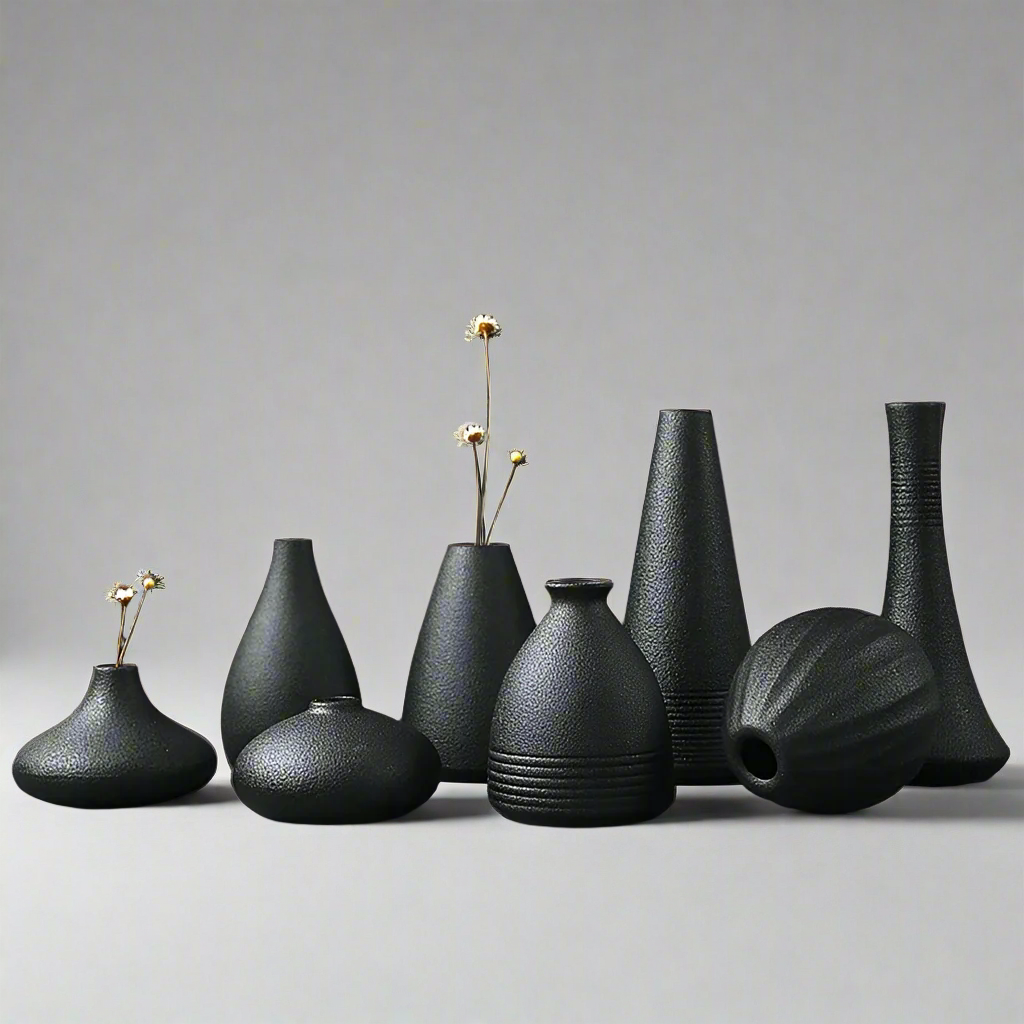 InkwellEssence Sleek Japanese-Inspired Black Vases with Organic Textures