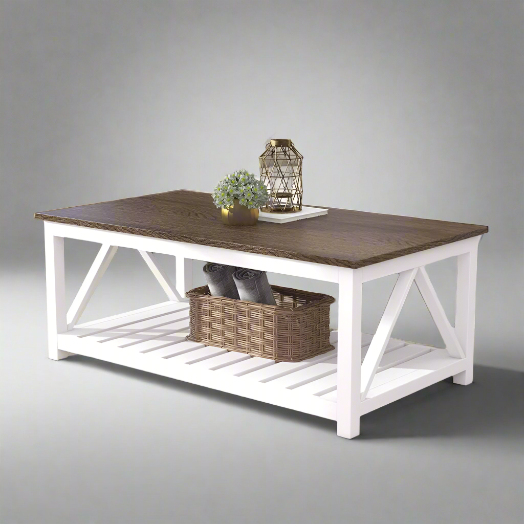 FarmhouseCharm Rustic Two-Tone Vintage Coffee Table with Shelf