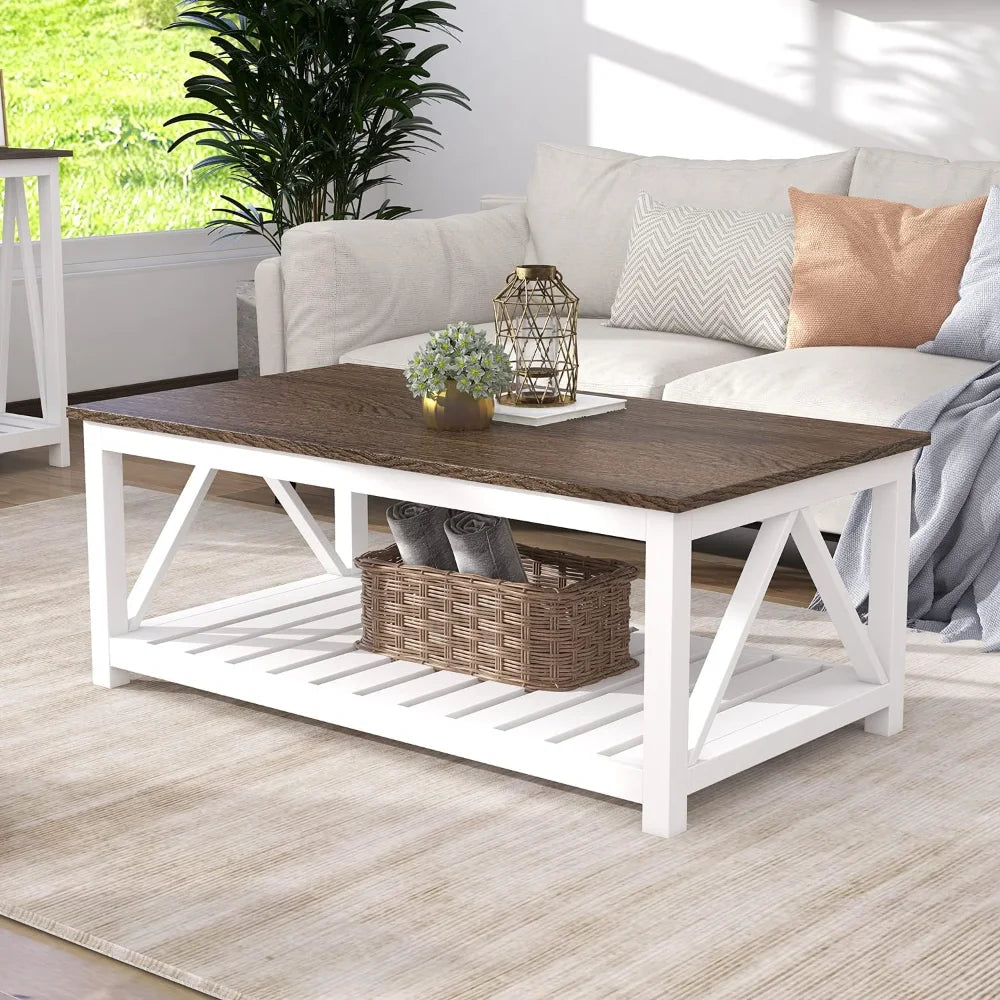 FarmhouseCharm Rustic Two-Tone Vintage Coffee Table with Shelf