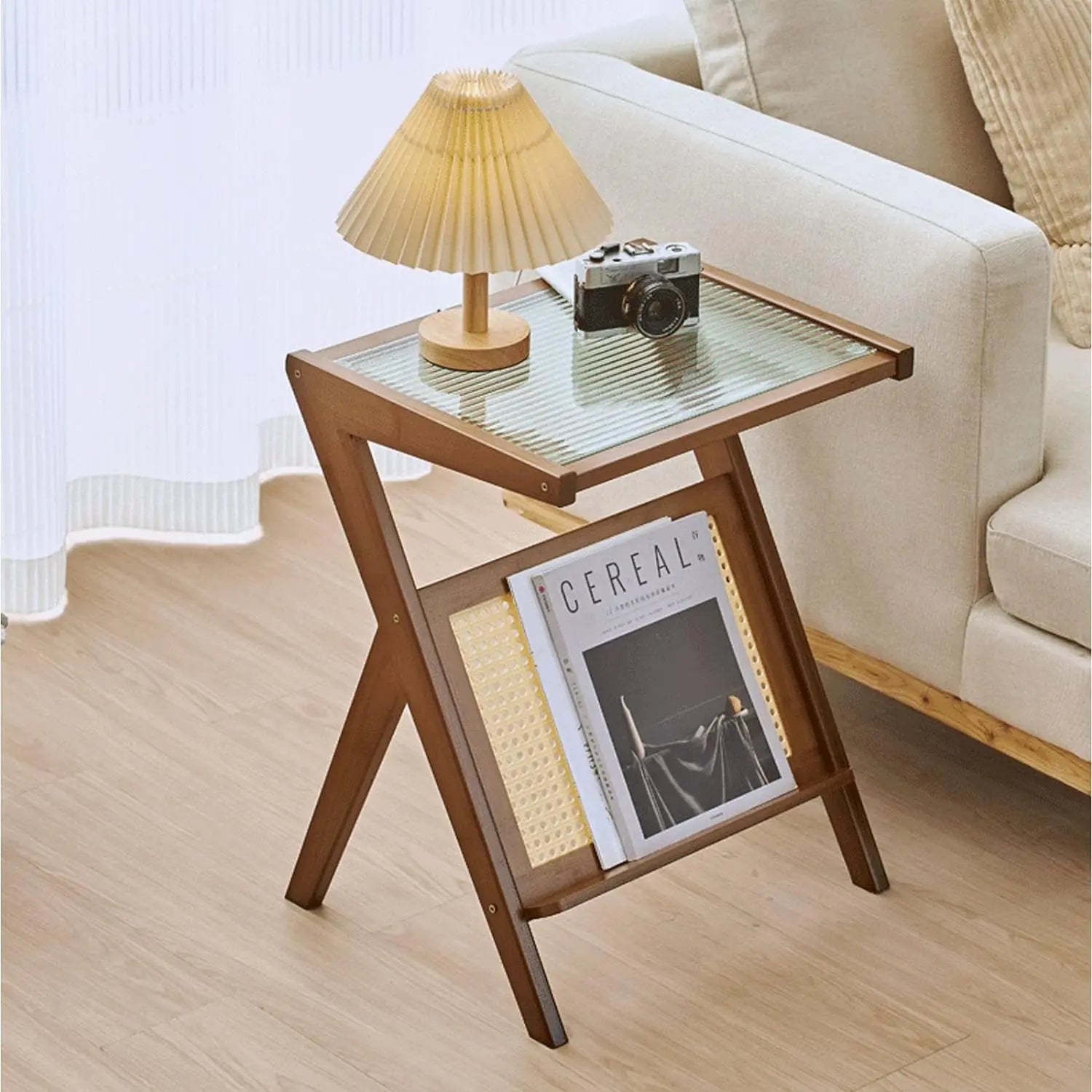 ZenNook Multi-functional Bamboo Side Table with Magazine Rack and Glass Top