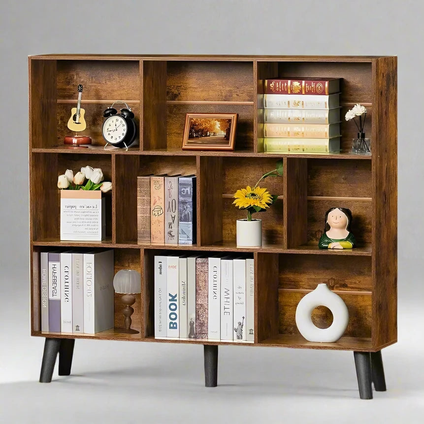 CubicChic 3-Tier Wide Bookcase with Mid-Century Flair and Ample Storage