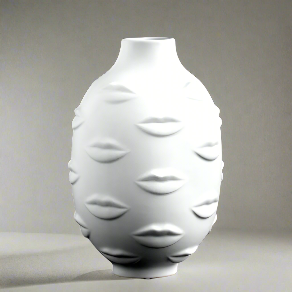 LipService Avant-Garde Tactile White Ceramic Pottery with Embossed Lip Motif