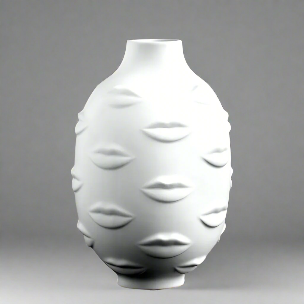 LipService Avant-Garde Tactile White Ceramic Pottery with Embossed Lip Motif