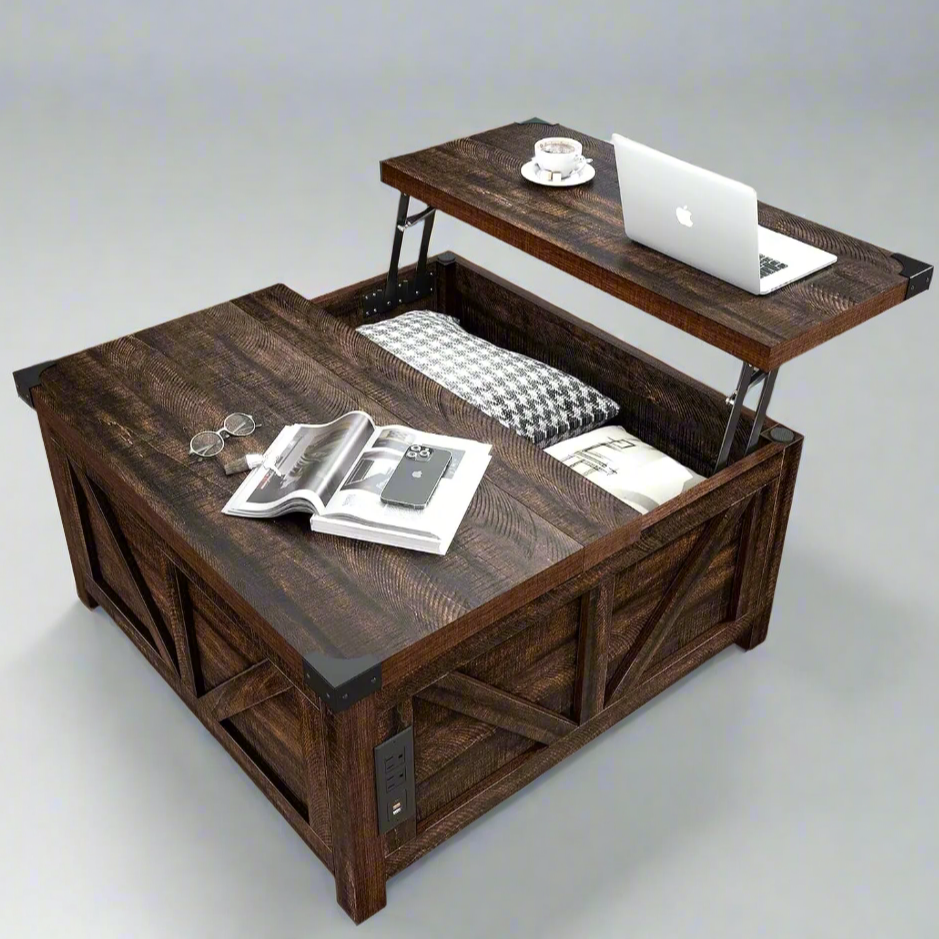 RusticRevival Premium Table with Integrated Tech Hub and Hidden Storage