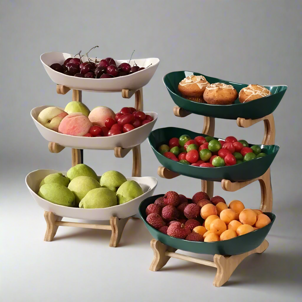 Tiered Temptations Multi-Level Oval Serving Platters with Partitions and Wooden Stand