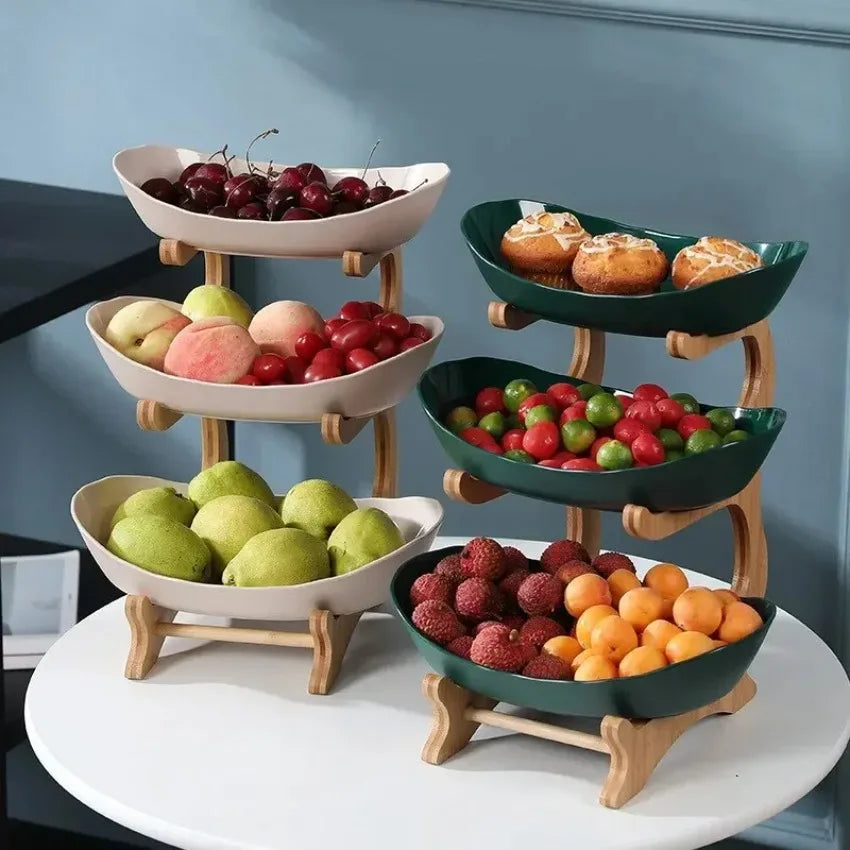 Tiered Temptations Multi-Level Oval Serving Platters with Partitions and Wooden Stand