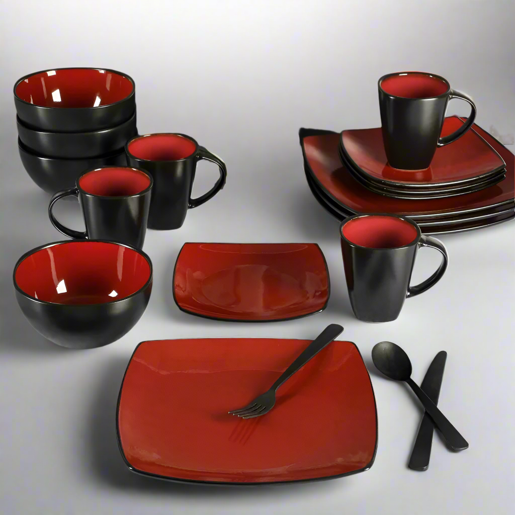 ScarletServe Complete 16-Piece Red Ceramic Dinnerware Set for Modern Entertaining