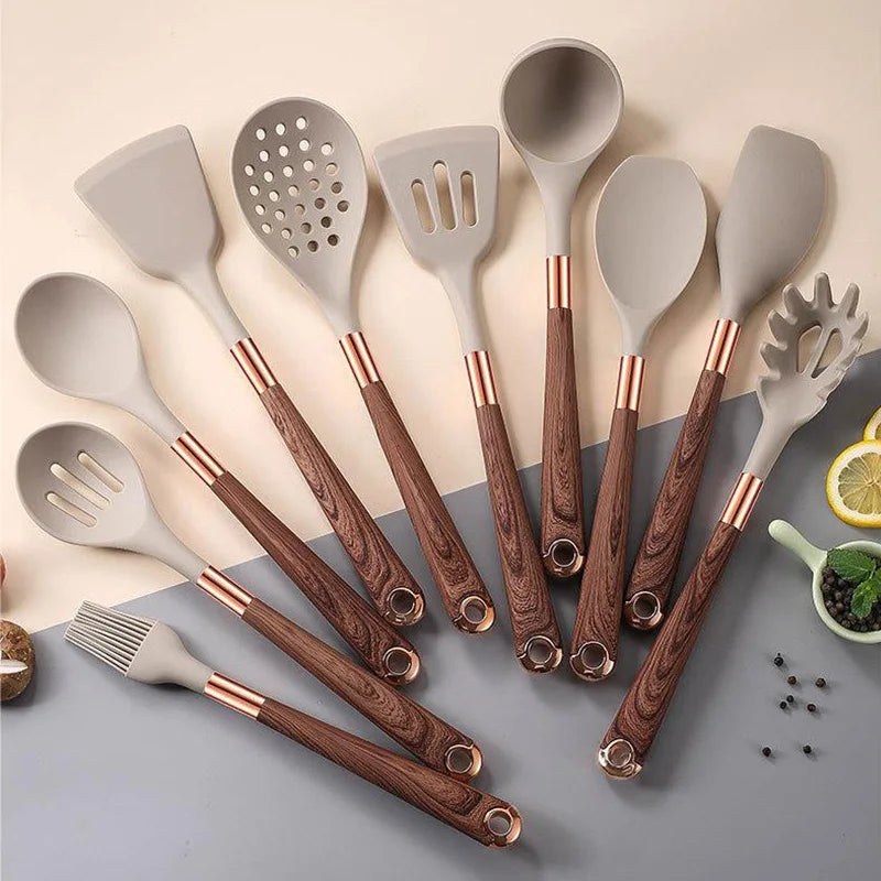 ElegantEssence Premium 11-Piece Set of Stained Wooden Non-Stick Cooking Utensils