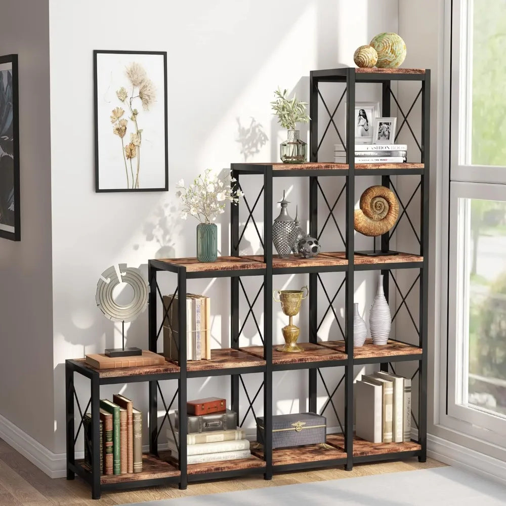 ArchiveAscent 14-Shelf Industrial-Chic Ladder Bookcase for Versatile Corner Storage