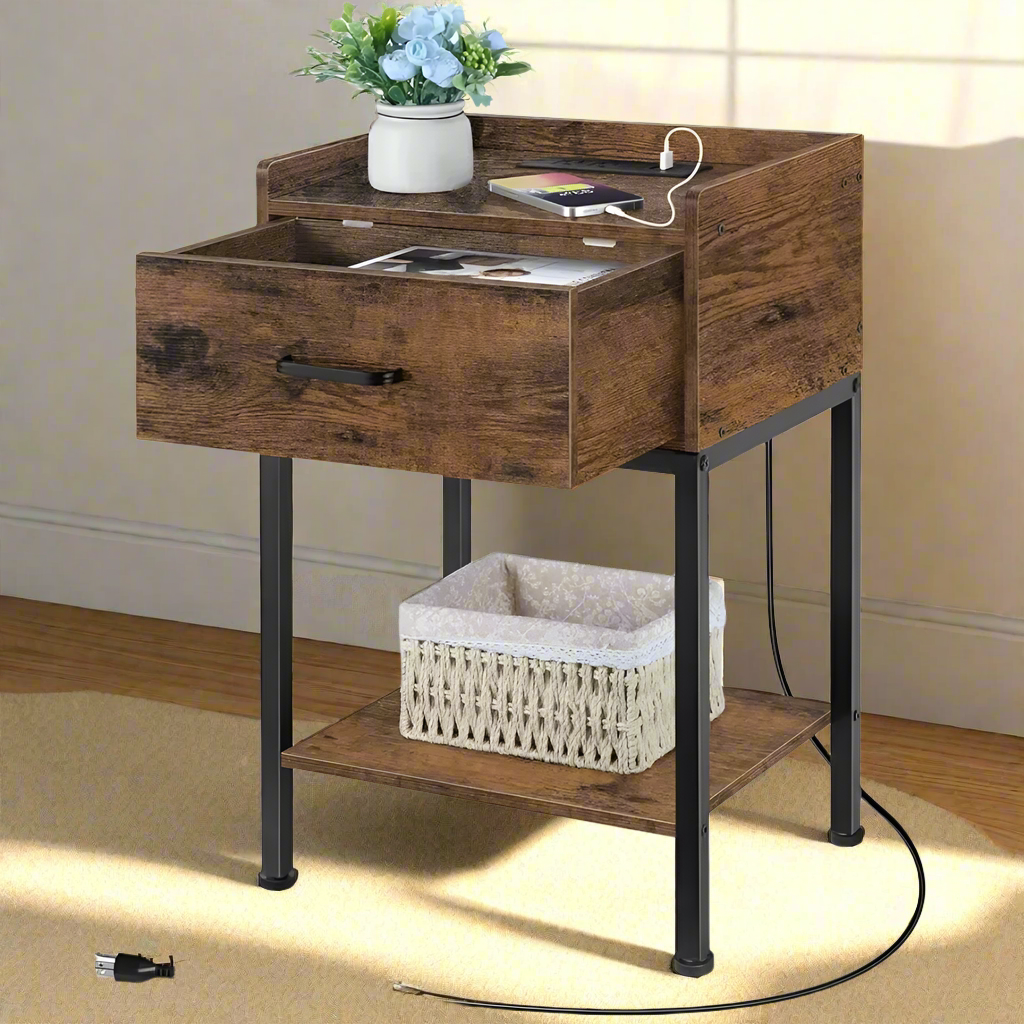 SmartPerch Brown Bedside Table with Outlet Access and USB Ports